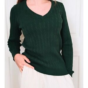 US Polo Assn Womens XS Green Cable Knit V-Neck Sweater Long Sleeve Pullover